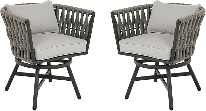 Grand patio Swivel Rope Wicker Chairs Set of 2, Patio Dining Chairs with Cushions, Wicker Armchairs Frame, Outdoor Modern Style for Backyard, Balcony, Quinn, Light Gray Brown GrandPatio