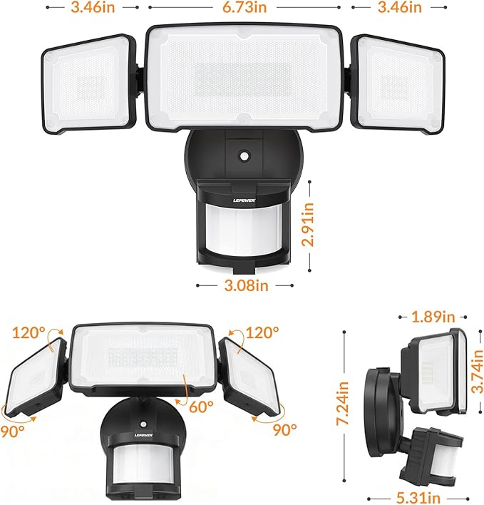 LEPOWER LED Motion Sensor Security Lights, 3 Head Motion Detected, 38W, 4200LM, Waterproof IP65, 5500K, Full Metal for Outdoor, Garage, Porch, Yard (Black) LEPOWER