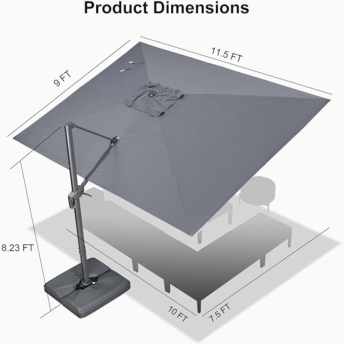 PURPLE LEAF 9' X 11.5' Rectangle Patio Umbrella with Base Outdoor Large Aluminum Cantilever Umbrella with 3 Years Fade Resistance Recycled Fabric and 360-degree Rotation for Garden Deck Pool, Mist Grey Rootora
