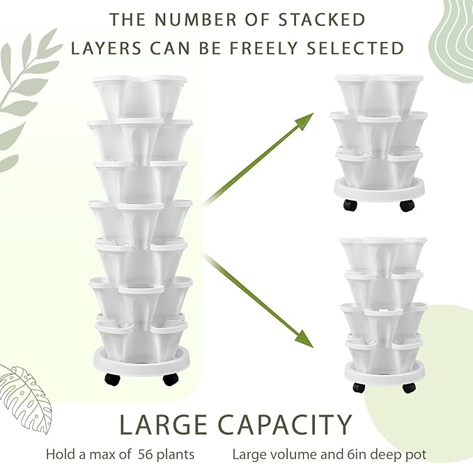 Umigy 2 Set of 7 Tier Vertical Planter Stackable Tower Planters Strawberry Herb Flower and Vegetable Pots Indoor Outdoor Gardening Pots with Removable Wheels and Tools(White,Classic) Umigy