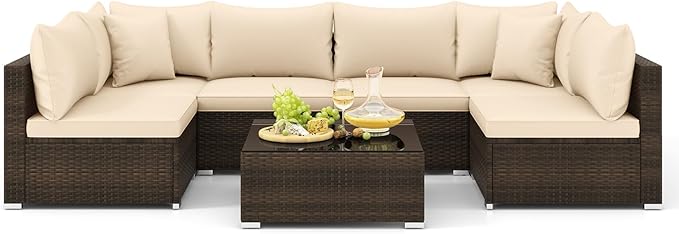Tangkula 7 Pieces Wicker Patio Furniture Set, All-Weather Outdoor Rattan Sectional Sofa Set with Cushions & Tempered Glass Coffee Table, Outside Sofa Set for Garden, Lawn, Deck, Backyard TANGKULA