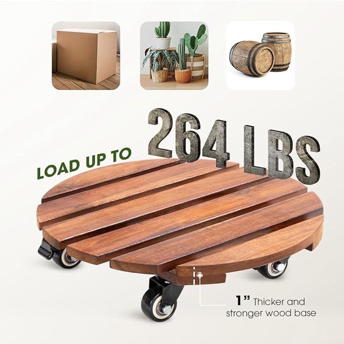 Idzo 2-Pack 14 Inch Acacia Wood Plant Caddy with Wheels – Heavy-Duty Plant Dolly with 264 Lbs Capacity, 360° Lockable Wheels for Large Plant Pots, Heavy Objects, Ideal for Indoor and Outdoor Use Idzo
