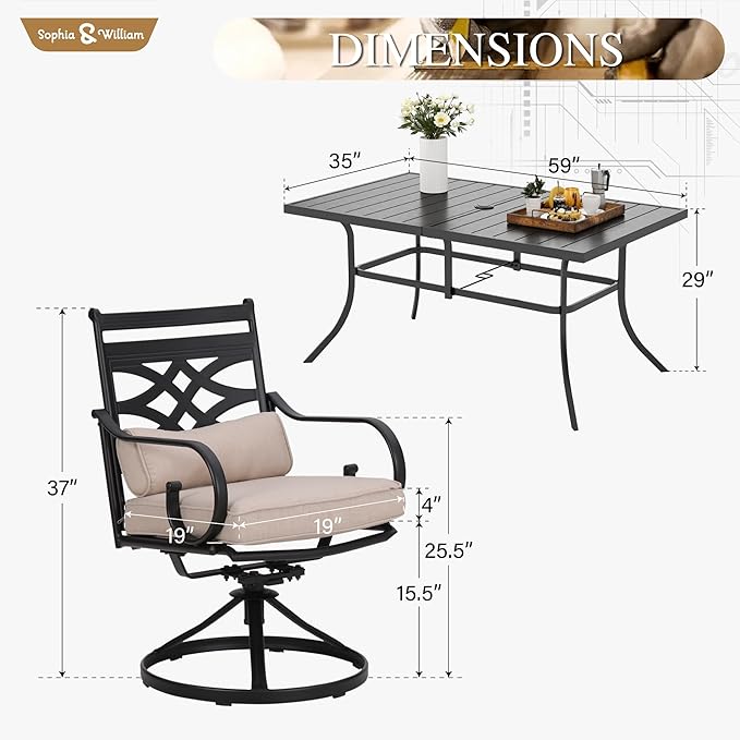Sophia and William Swivel Patio Dining Set for 6, Outdoor Table and Chairs, Removable Seat Cushions, 59" Black Patio Dining Table SophiaWilliam