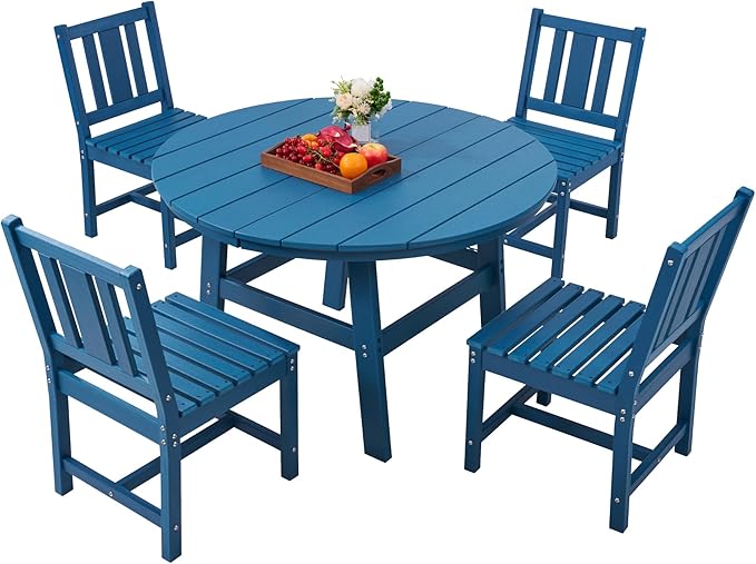 AMERLIFE 5 Piece HDPE Outdoor Dining Table & Chairs Set, All-Weather Patio Table and Chairs Set Furniture with Umbrella Hole for Garden, Backyard, Poolside, Seaside, Blue AMERLIFE