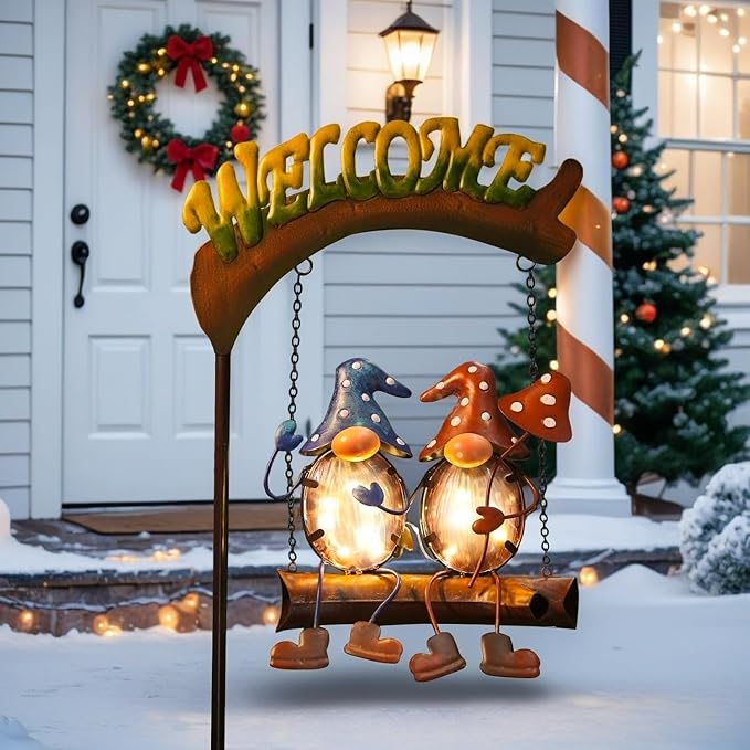 HONGLAND Gnomes Garden Decor Solar Lights, 48 Inch Welcome Sign Swing Yard Decorations Outdoor Decorative Stake for Lawn Porch Backyard Patio, Gnome Gardening Gifts for Women Mom HONGLAND