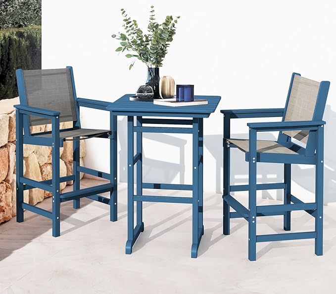SERWALL 3 Pieces Textilene Adirondack Bar Set, Tall Adirondack Bar Height Chairs with Bar Table, Sling Balcony Adirondack Chairs, Weather Resistance Resin Outdoor Bar Height Stools, Blue SERWALL