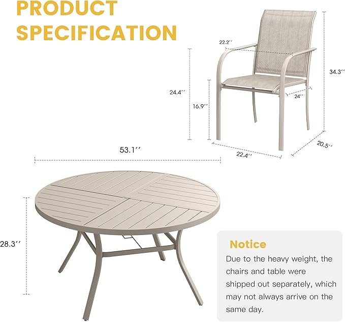 VICLLAX Patio Table and Chair Set of 8, All Weather Metal Round Outdoor Dining Furniture Set-53 Round Outdoor Table and Chairs, Sandshell Tabletop HOME