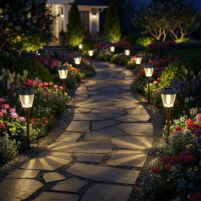 XMCOSY+ Solar Pathway Lights Outdoor, Glass & Stainless Steel Garden Lights with 2 Lighting Modes (10/25 LM), IP65 Waterproof, Warm White for Yard, Walkway, Driveway, Patio & Path (6 Pack) XMcosy