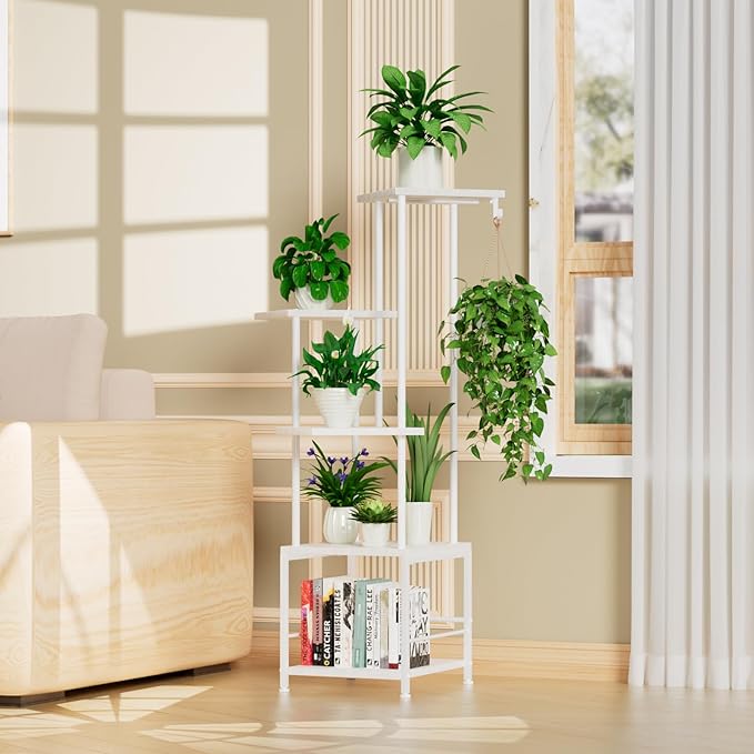 Plant Stand Indoor with Grow Light, 5-Tiered Tall Plant Stand Indoor, Metal Plant Shelf with Hanging Basket Hook and Adjustable Light, Ideal for Living Room, Garden, Patio white Homsorout
