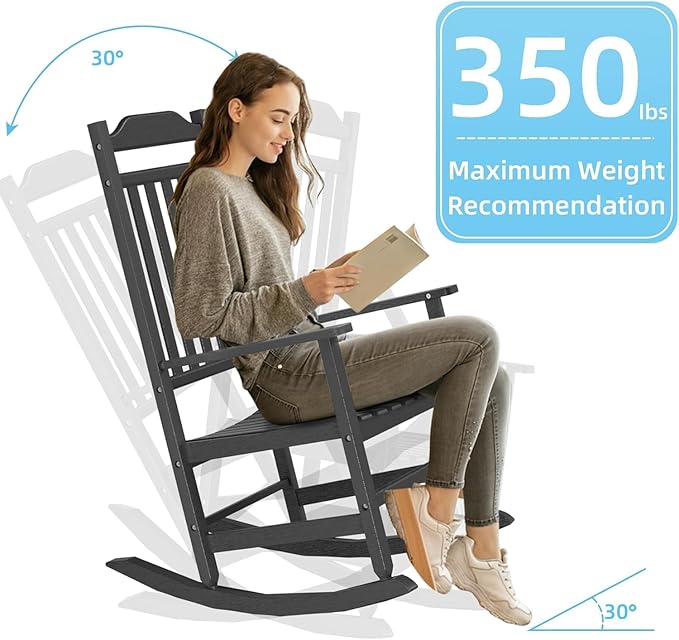 Patio Rocking Chair Outdoor Set of 2,Weather Resistant Poly Resin Oversized Porch Rocker,High Back Smooth Design,350lb Weight Capacity,Indoor Outdoor Use(2, Black) GYMHILL