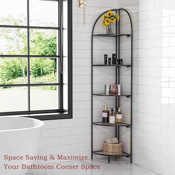 Crofy Foldable 5 Tier Corner Shelf, Metal Corner Plant Stand with Black Frame and Transparent Shelves, Corner Display Rack Multipurpose Shelving Unit for Living Room, Bedroom, Bathroom CrofyLLC