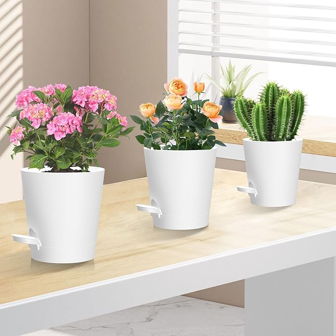 Self Watering Pots, 7/6.5/6/5.5/5/4 inch Flower Pots with Multi Mesh Drainage Holes, Small Platic Planters for Indoor Outdoor Garden Plants and Flowers (White, 7"+6.5"+6"+5.5"+5"+4") Rootora