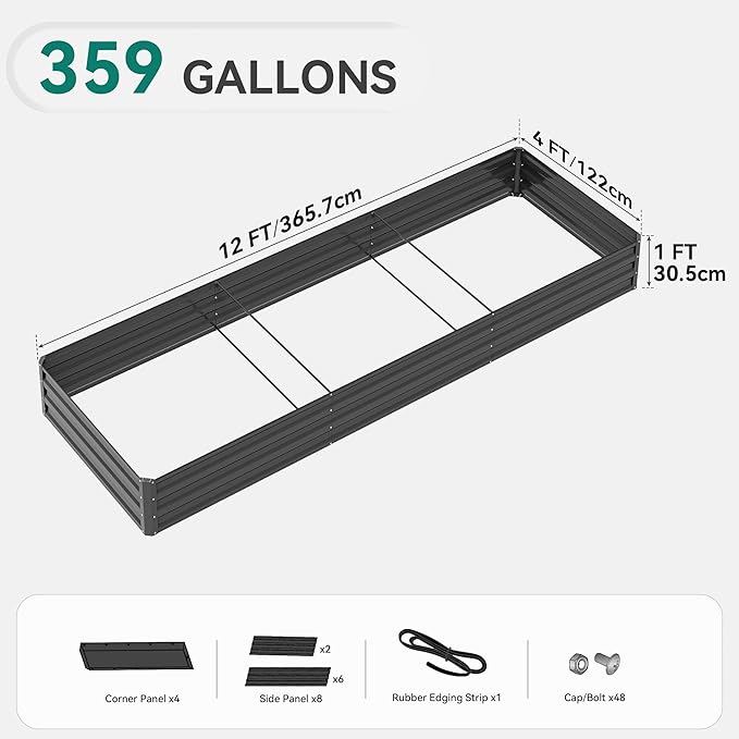 YITAHOME 144x48x12 in Galvanized Raised Garden Bed Kit, Large Metal Planter Box with Gloves, Safety Rubber & Support Rod, Outdoor Flower Bed for Plants Vegetables, Black YITAHOME