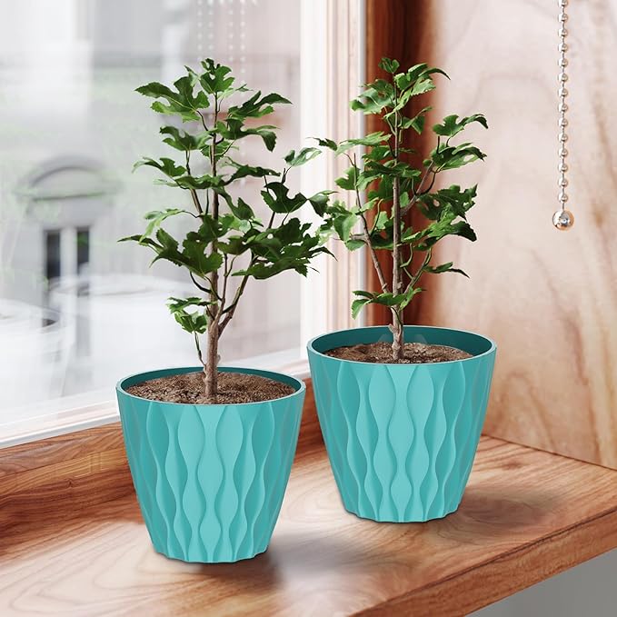 6 Pack 7 Inch Indoor Plant Pots with Drainage Holes, Outdoor Plastic Decorative Flower Pots, Garden Planters with Tray Saucers for Orchids, Violets, Succulents, Herbs, and Other Plants Rootora