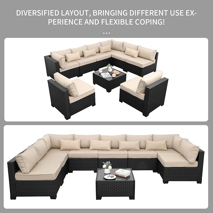 9 Pieces Outdoor Sectional All-Weather Wicker Patio Furniture Set Patio Sectional Glass Patio Table Non-Slip Cushions and Waterproof Covers, Khaki Rattaner