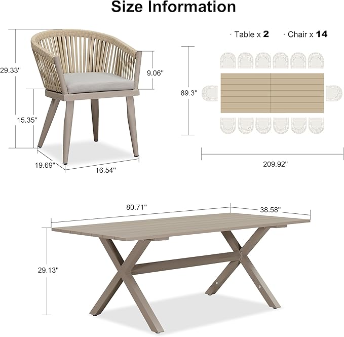 PURPLE LEAF 16 Pieces Outdoor Dining Set with Patio Aluminium Rectangular Dining Table and Wicker Chairs Modern Furniture Cushions Sets for Backyard Indoor Decor Kitchen Champagne PURPLELEAF