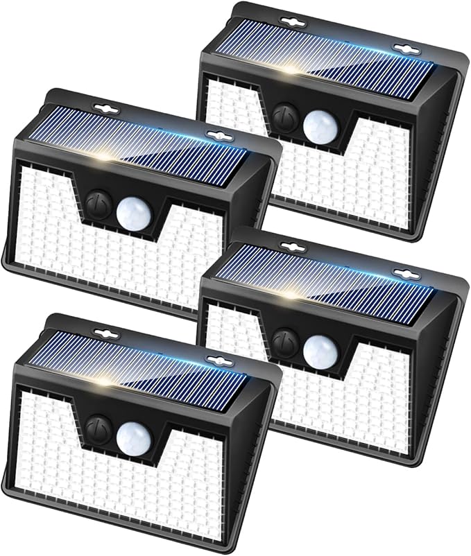 Peasur Solar Lights Outdoor Waterproof, 4 Pack 140LED Motion Sensor Light, 3 Modes Solar Powered Fence Security Lights for Patio Step Deck House Outside(Cool White) Peasur