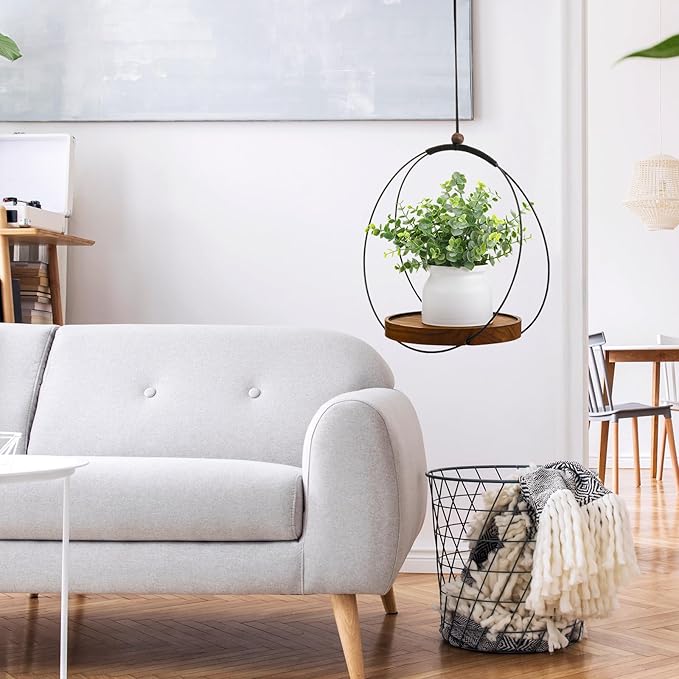 1 Pack Hanging Planters for Indoor Black Plant Hanger with Round Wood Base Large Indoor Hanging Plant Shelf Boho Holder Gift for Mom,housewarming (Round) Threehoney