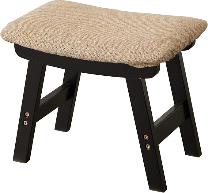 Foot Stool,Ottoman,Bamboo Small Sofa Foot Rest Under Desk,Extra Seating for Living Room, Bedroom and Kitchen (Black Stool Legs - Beige Surface) Kitsanery