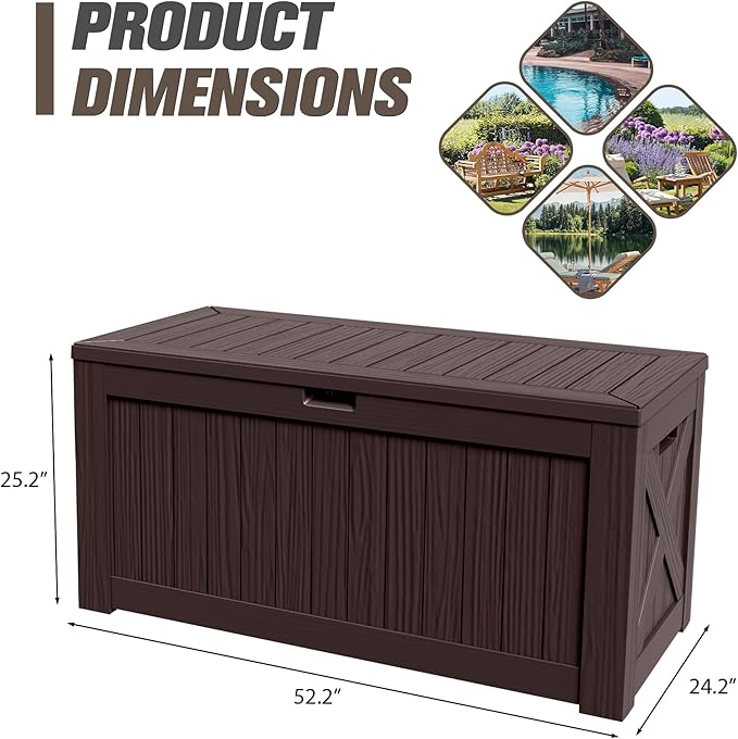 JUMMICO 120 Gallon Resin Deck Box, Large Outdoor Storage Box Waterproof & Lockable for Garden, Patio, Pools (Deep Brown) JUMMICO
