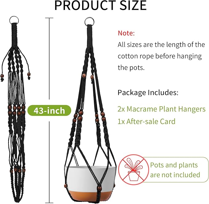 Macrame Plant Hanger - Fits 6 to 15 inches Pots for Indoor Outdoor, 43 Inch, Set of 2, Black (POTS NOT Included) IDEEEPAN
