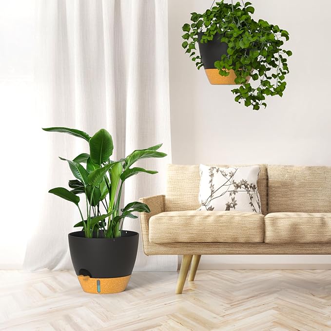 ZMTECH 12 Inch Hanging Planters for Indoor Outdoor Plants, 2 Pack Self Watering Hanging Plant Pots with Drainage Hole, Visual Reservoir, Plastic Flower Hanging Pots with Watering Lip (Black) HighQualityGardeningTools