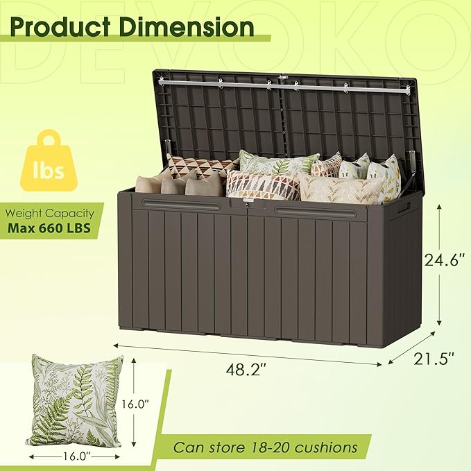 Devoko 100 Gallon Outdoor Storage Box, Waterproof Resin Deck Box for Patio Furniture, Lockable Container for Garden Cushions & Pool Supplies (Brown, 100 Gallon) DEVOKO