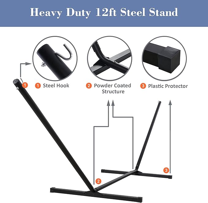 SUNCREAT Double Hammock with Stand Included, Portable Hammock with Stand and Large Pillow, Blue Stripes SUNCREAT