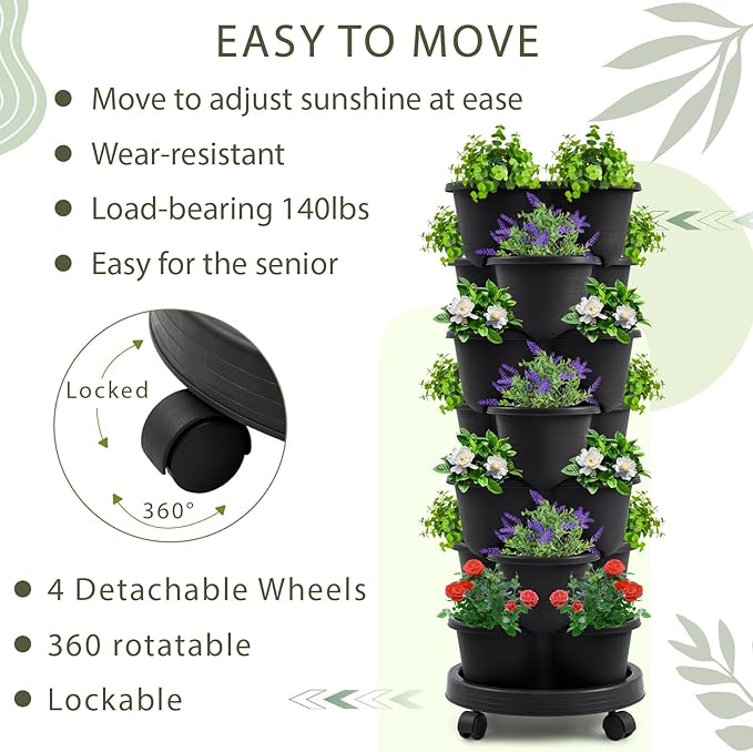 Umigy 2 Set Black 7 Tier Stackable Vertical Planters with Removable Wheels and Tools Tower Planters Strawberry Herb Flower Vegetable Pots Indoor Outdoor Gardening Pots Umigy