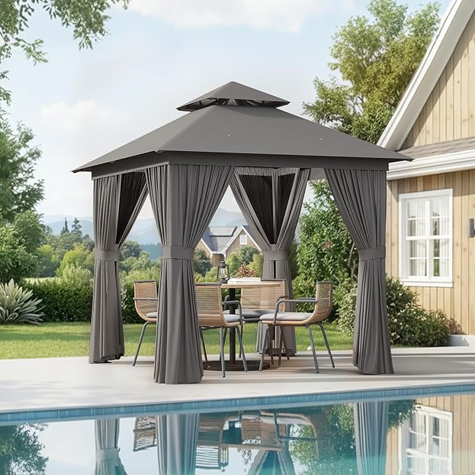Aoxun Outdoor Gazebo for Patio 8x8, Metal Frame Canopy with Double Roofs, Heavy Duty Party Tent and Shelter with Mosquito Netting and Privacy Screen for Backyard, Lawn, Garden, Deck (Grey) Aoxun