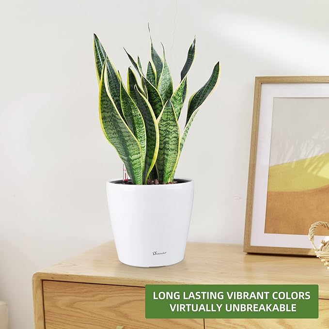 Dexceder 11x10 Inches High Gloss Self Watering Planter Indoor Outdoor, Inner Pot Design, Thickened Table Flower Plant Pot with Water Level Indicator (White) Dexceder