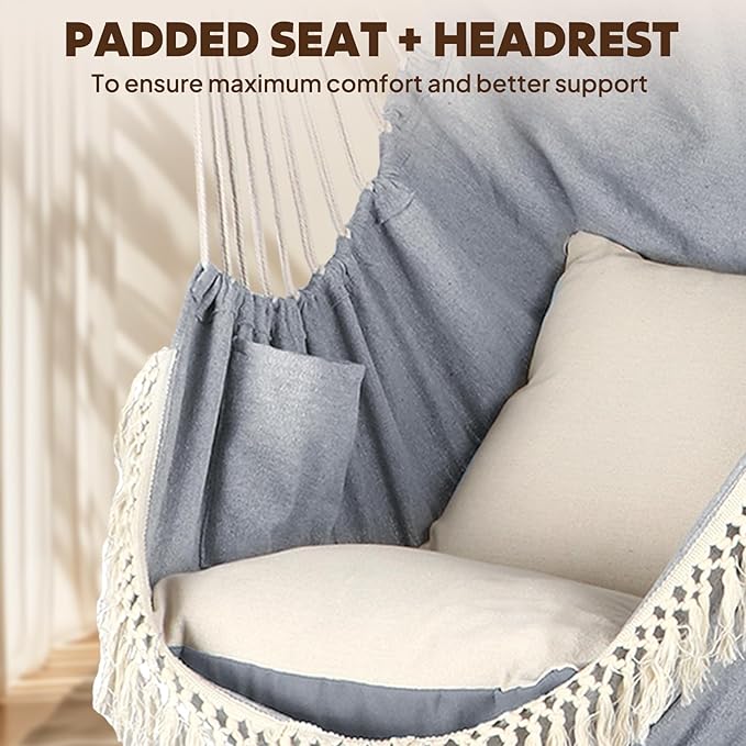 Chihee Hammock Chair 4.9ft x 3.9ft Max 500 Lbs Widen Hanging Swing 2 Cushions Included Metal Spreader Bar with Anti-Slip Grooves Portable Comfy Hanging Chair Side Pocket Bohemian Chair Indoor Outdoor Chihee