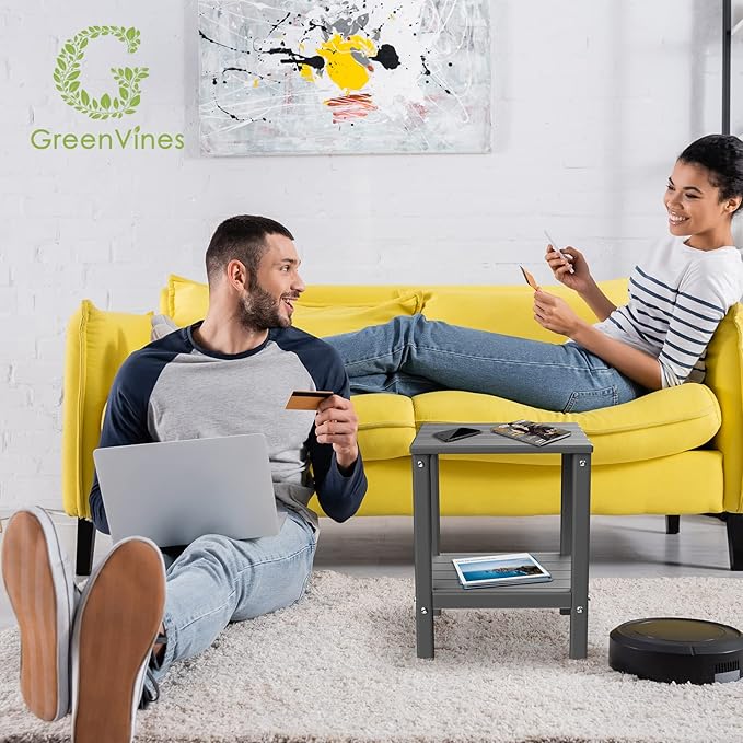GREENVINES Outdoor Rocking Chair Set | 3-Piece | 2 Rocking Chairs with 1 Side Table | Porch Rocker | HDPE Plastic | Grey | Patio Furniture Sets | High Back | Big & Tall | Ladder Back GreenVines