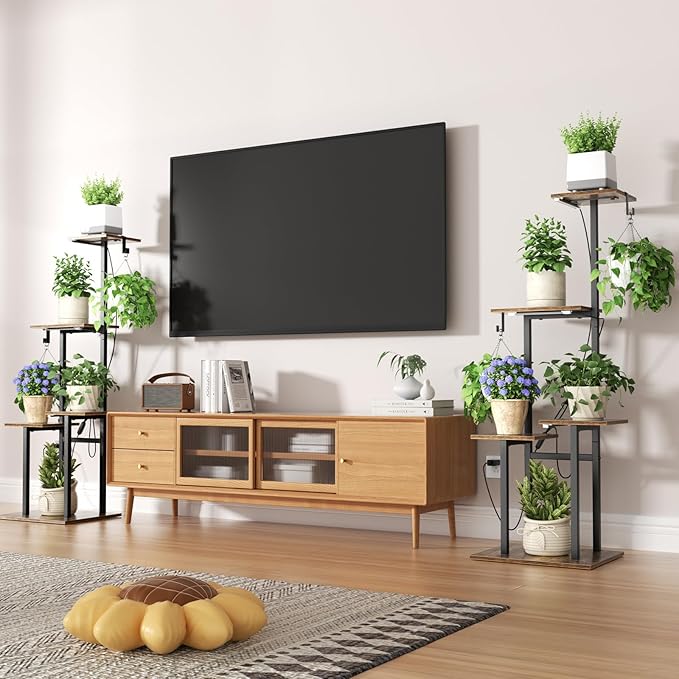 Plant Stand Indoor with Grow Lights, 46" Metal Corner Plant Shelf with 3 LED Lights, 2 Hanging Hooks, 5-Tiered Tall Plant Flower Holders for Living Room, Garden, Patio (Black Brown) Unlumm