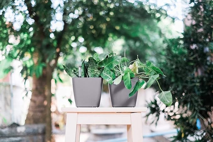 GARDENIX DECOR 5" Self Watering pots for Indoor Plants - Flower Pot with Water Level Indicator for Plants, Grow Tracking Tool - Self Watering Planter Plant Pot – 2 Pack Gray Rootora