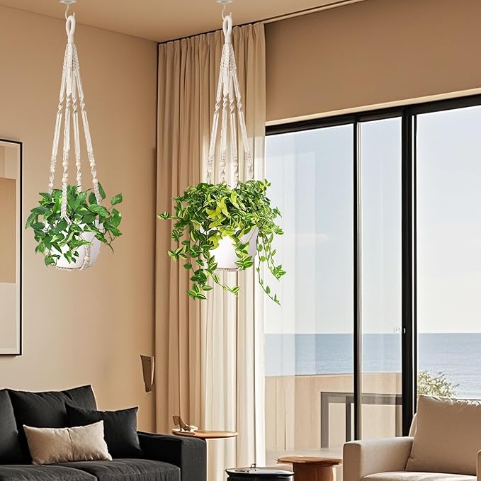Macrame Plant Hanger Indoor Set of 2 with 4 Hooks, Indoor Outdoor Hanging Planter for Plants Holder with Decorative Wood Beads & No Tassels, Boho Home Decor, 35 Inch Ivory (Pots Not Included) Rootora