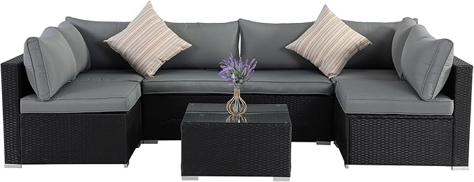 7 Pieces Patio Furniture Set - All-Weather Outdoor Wicker Sectional Conversation Sofa, Rattan Patio Seating Sofa Set with Cushion and Glass Table for Porch Poolside, Black/Grey ZJEYEJZ