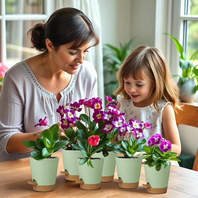 12 Pack 4 Inch Self Watering Plant Pots with Drainage and Saucers,Plastic Flower Pots for Indoor and Outdoor Plants, Nursery Planters for Houseplants and Herbs Green Brown, 4 inch 12pcs zople