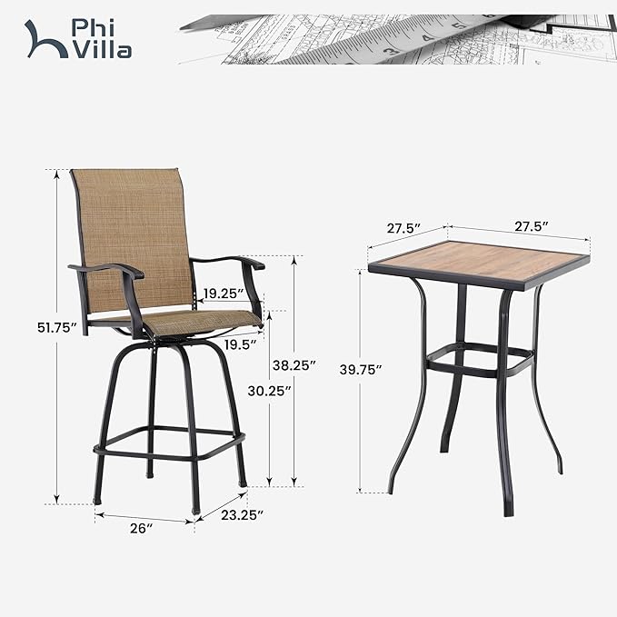 PHI VILLA 5 Piece Outdoor Bar Set with Swivel Patio Bar Stools, Patio Bar Bistro Table and Chairs with Brown Textilene Fabric & Square Bar Table for Deck, Balcony and Garden PHIVILLAThepioneerofcomfortablehouseholdsupplies