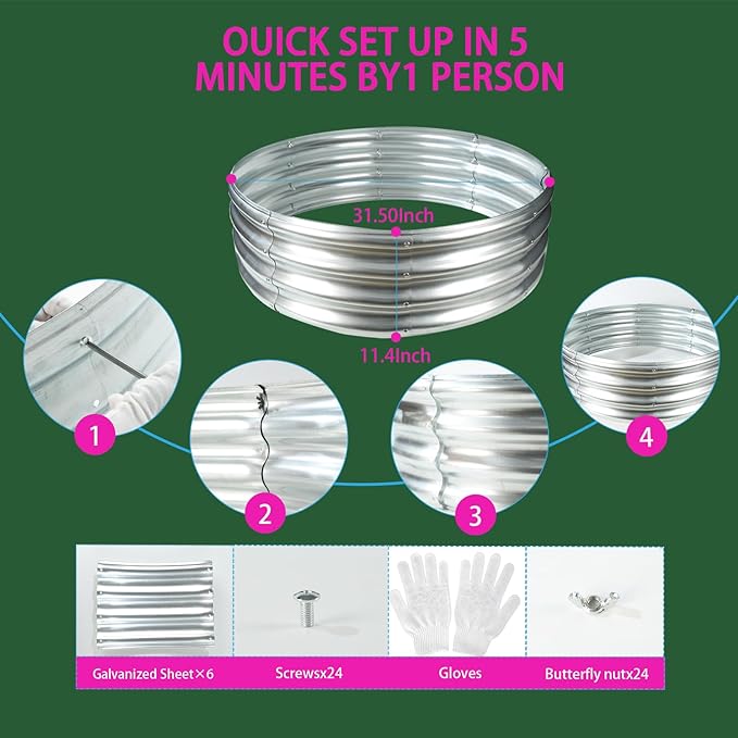 Durable Round Galvanized Steel Raised Garden Bed for Planting,Round Galvanized Steel Fire Ring/Fir Pit 32-Inch for Outdoor,0.8MM Thick (32 ins Diameter x 12 ins high, Silver) zbzbml