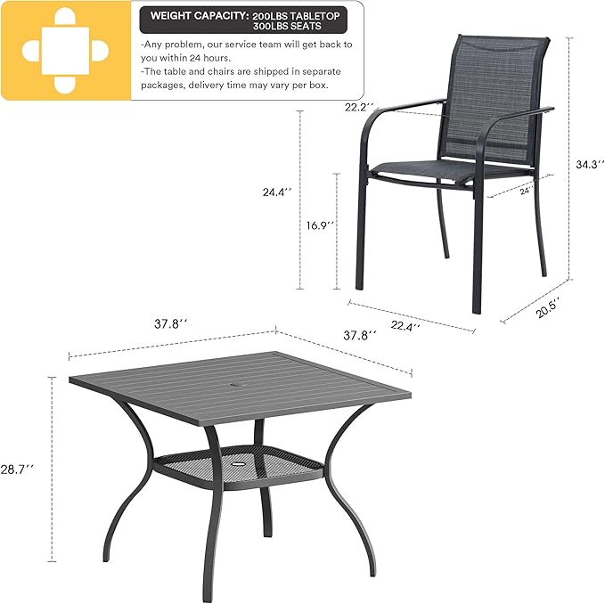 VICLLAX Patio Dining Set, 5 Pieces Outdoor Furniture Set- 37.8" Square Outdoor Table and 4 Stackable Patio Chairs, Grey Tabletop and Grey Fabric HOME