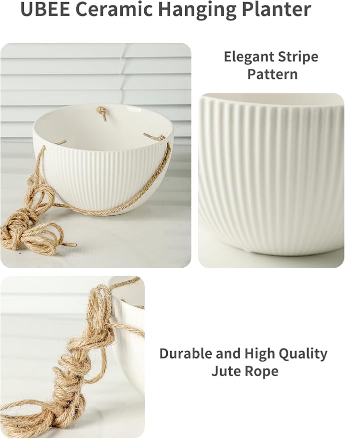 UBEE Ceramic Hanging Planters Indoor Outdoor, 7.5 Inch + 6.5 Inch Hanging Flower Pot for Plants Hanging Basket for Succulent Pothos Herbs Window Home Decor, 2 Pack, White Rootora
