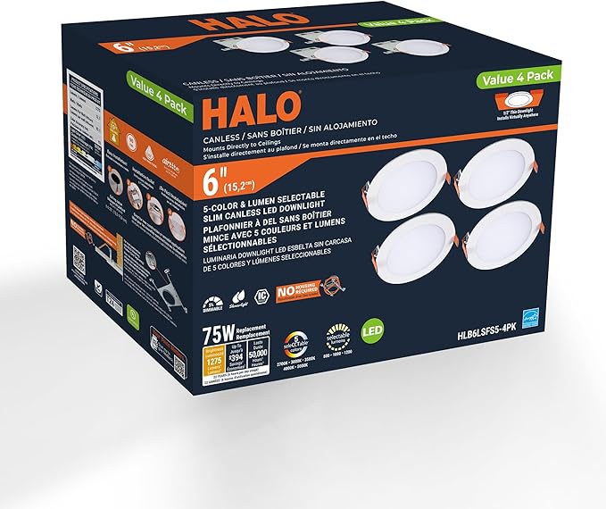 HALO HLB 6 inch LED Recessed Lighting Canless Dimmable Wet Location Selectable Lumens and Selectable Color 27/30/35/40/5000K 4-Pack Indoor Outdoor Soffit Ceiling Lights HLB6LSFS5-4PK HALO