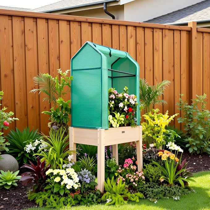 Raised Garden Bed with Greenhouse Cover,Elevated Wood Planter Box with Legs & Non-Woven Liner,34" L x18 W x 66" H Indoor Outdoor Gardening Bed for Vegetables, Herbs, Flowers ZSYWODFO