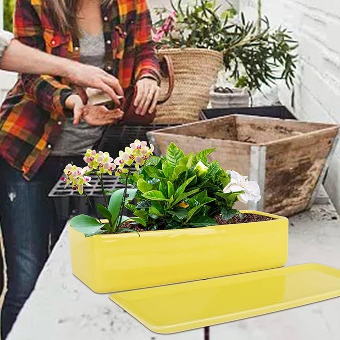 Vencer 14 Inch Rectangular Modern Minimalist Ceramic Succulent Planter Pot - Window Box with Saucer,Office Desktop Potted Stand,Yellow,VF-0173Y Vencer
