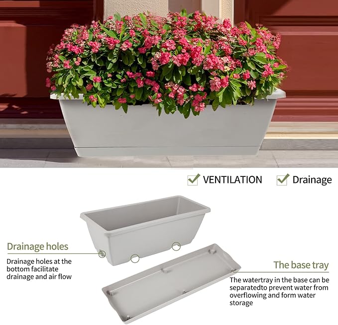 8pcs Window Box Planter, 17 Inches Flower Window Boxes, Rectangle Planters Box with Drainage Holes and Trays, Plastic Vegetable Planters for Windowsill Patio Garden Home Decor Porch Yard (Grey) Hananojia