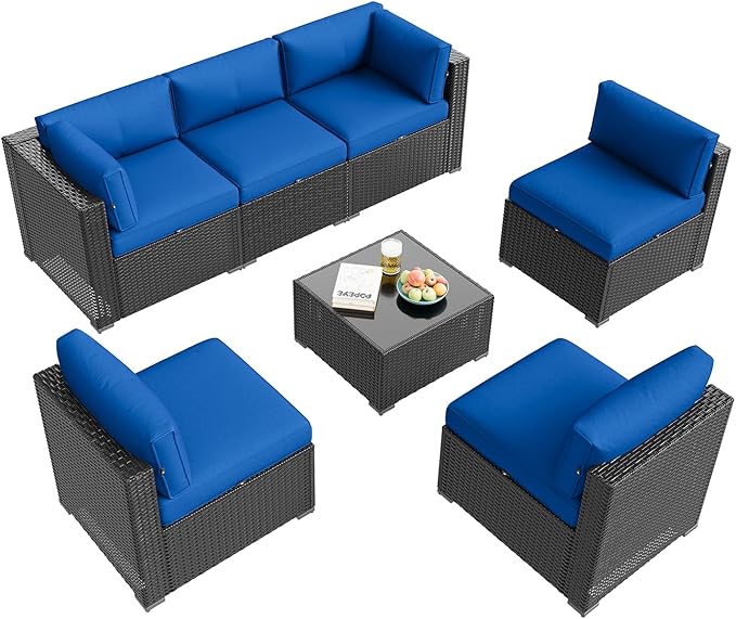 Aoxun Patio Furniture Set, 7 Piece Outdoor Sectional Sofas with Waterproof Cover, Wicker Rattan Outdoor Furniture Patio Conversation Set for Backyard, Garden Navy Blue Aoxun