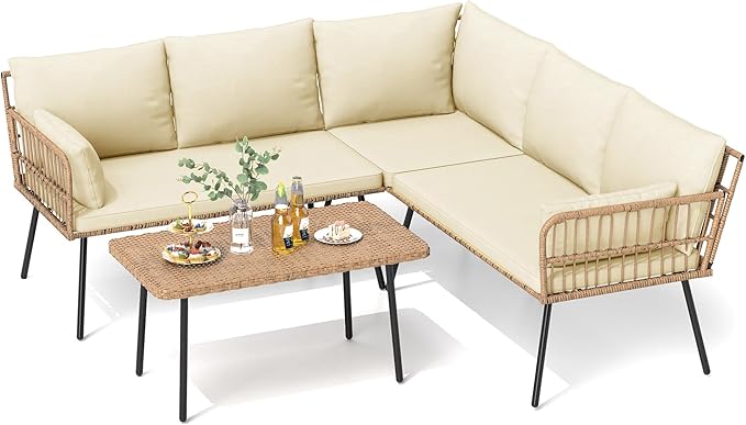 DWVO Patio Furniture Set, 4 Pieces Outdoor Patio Conversation Set, All-Weather PE Rattan Sectional L-Shaped Sofa with Soft Cushion and Side Table for Backyard, Porch, Boho Detachable Lounger (Beige) DWVO