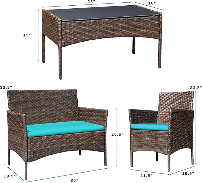 Greesum Patio Furniture 4 Pieces Conversation Sets Outdoor Wicker Rattan Chairs Garden Backyard Balcony Porch Poolside loveseat with Soft Cushion and Glass Table, Brown and Blue BuynowfromGreesum