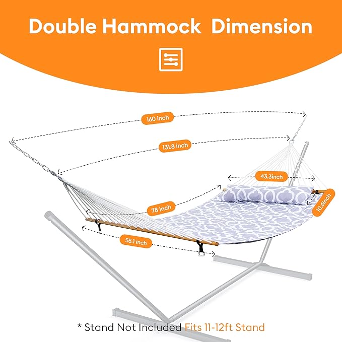 Double Hammock with Spreader Bar,Soft Pillow,Max Load 500lbs,Portable Hammock for Outdoor,Camping,and Backyard,White Gray Rootora
